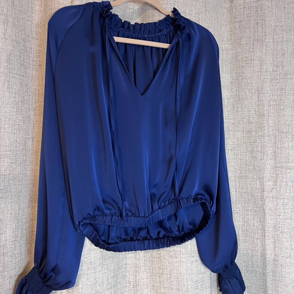 Women's Lantern Sleeve V Neck Silk Satin Shirt